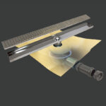 Kit de sumidero BASIC y rejilla lineal de 61 mm de ancho, con doble acabado: revestible y acero inoxidable.