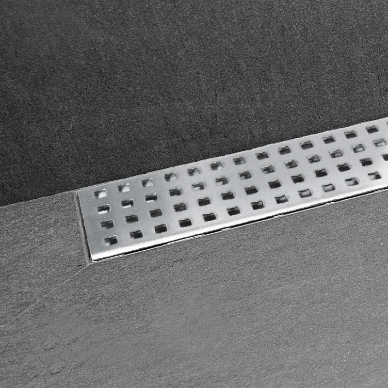 Kit de sumidero BASIC y rejilla lineal de 61 mm de ancho, con doble acabado: revestible y acero inoxidable.